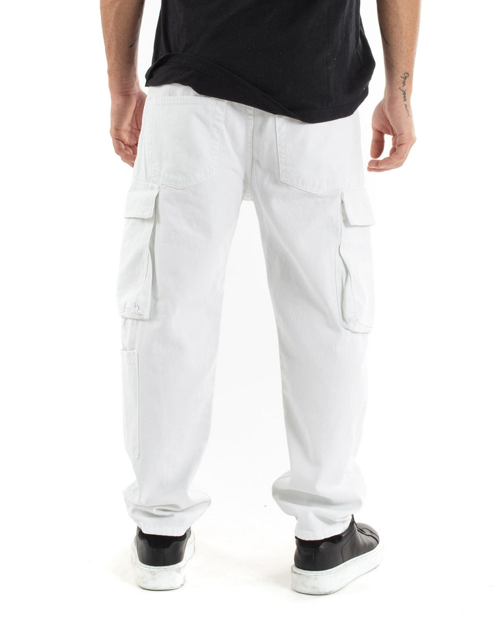Pantaloni Jeans Uomo Straight Fit Cargo Bianco Cinque Tasche Casual GIOSAL-P5551A