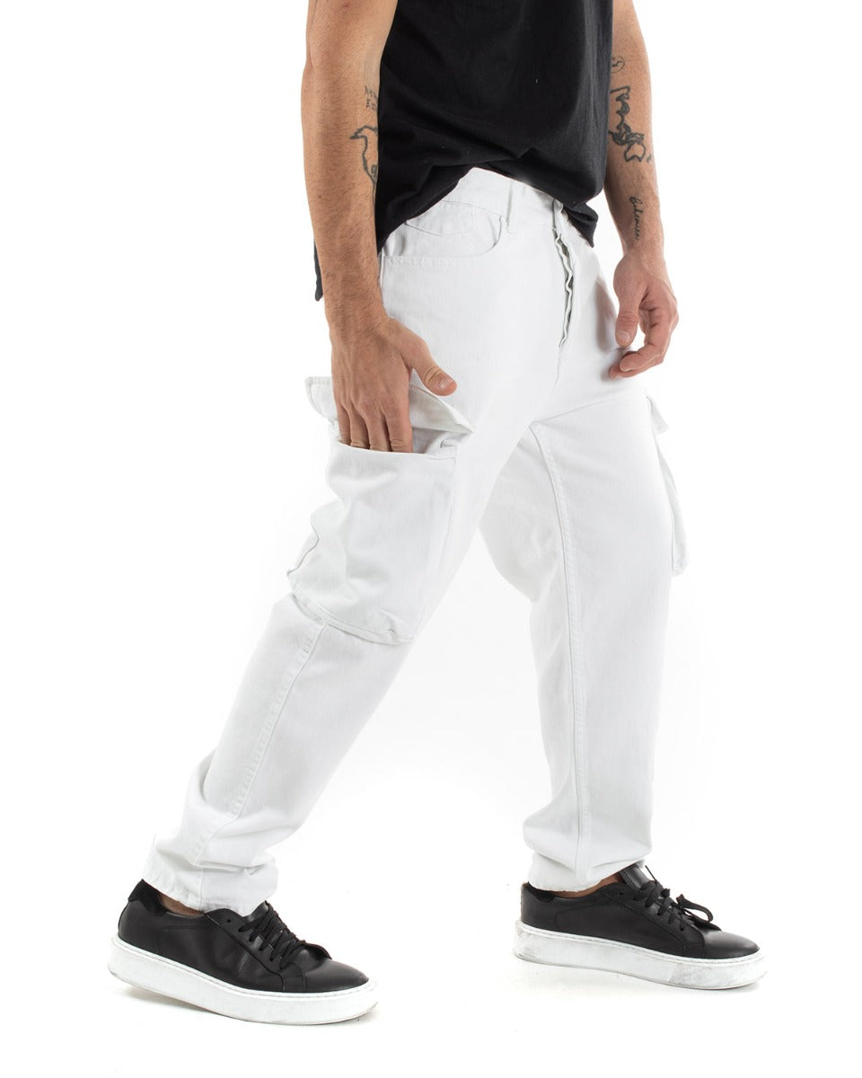 Pantaloni Jeans Uomo Straight Fit Cargo Bianco Cinque Tasche Casual GIOSAL-P5551A