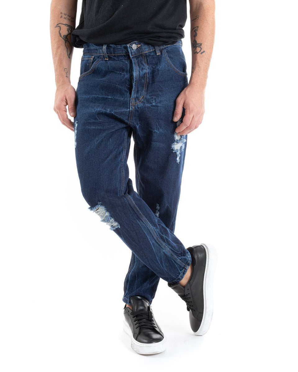 Pantaloni Jeans Uomo Loose Fit Denim Scuro Con Rotture Cinque Tasche GIOSAL-P5556A