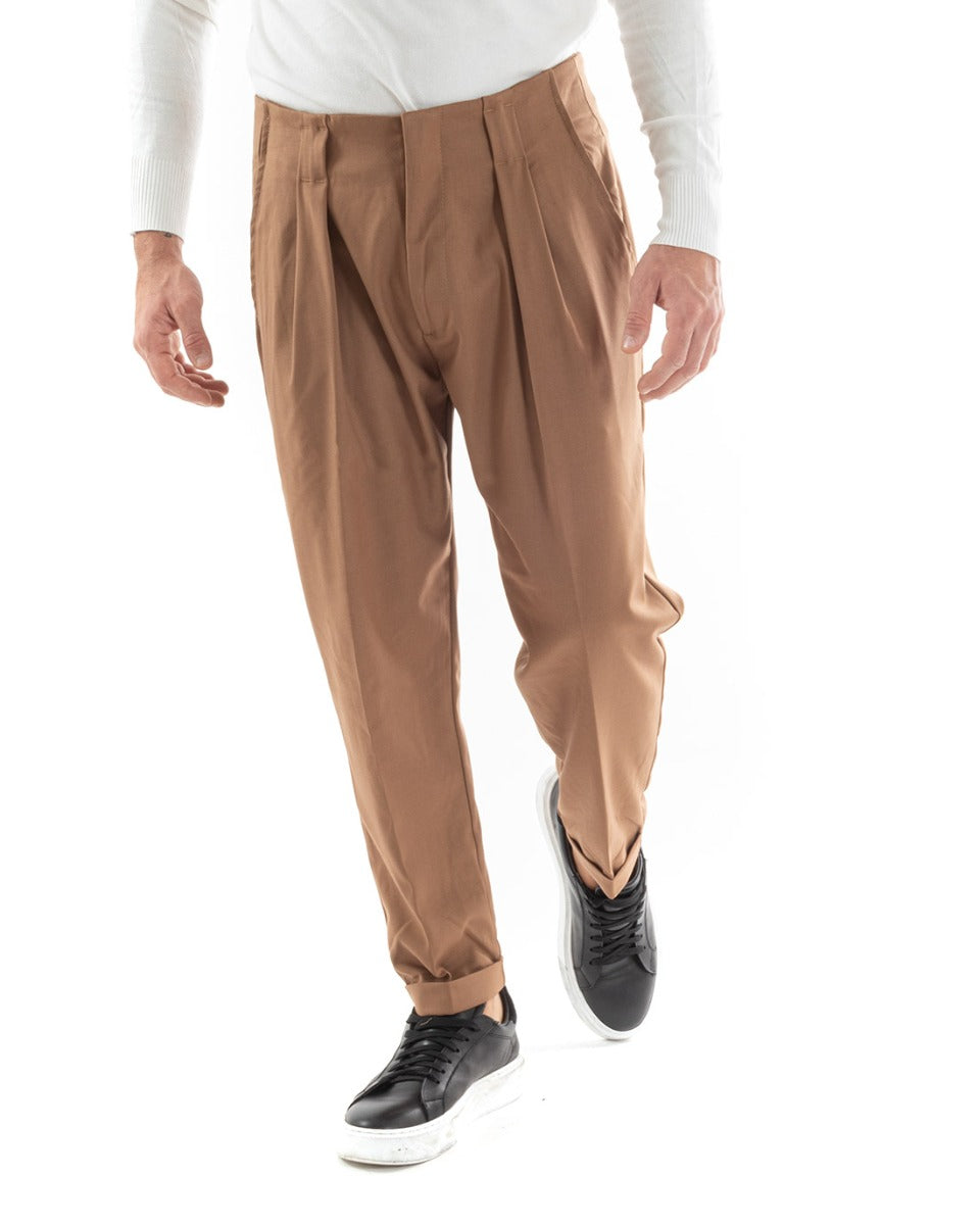 Pantaloni Uomo Lungo Pinces Classico Tinta Unita Camel Tasca America GIOSAL-P5560A