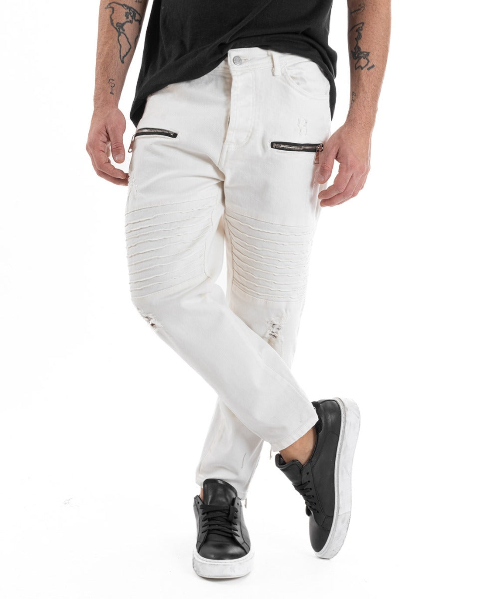 Pantaloni Jeans Uomo Regular Fit Biker Classico Cinque Tasche Con Zip E Rotture Tinta Unita Casual Bianco GIOSAL-P5563A