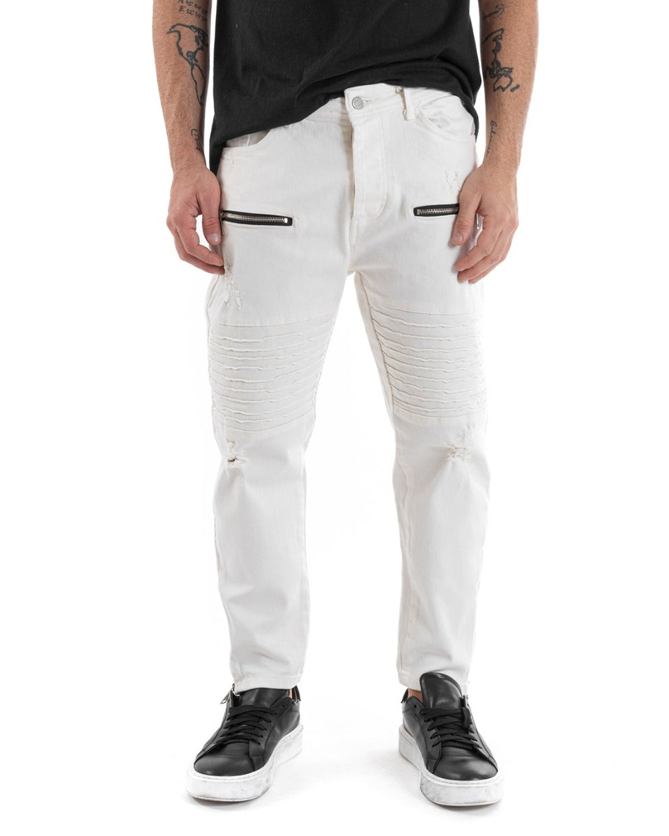 Pantaloni Jeans Uomo Regular Fit Biker Classico Cinque Tasche Con Zip E Rotture Tinta Unita Casual Bianco GIOSAL-P5563A