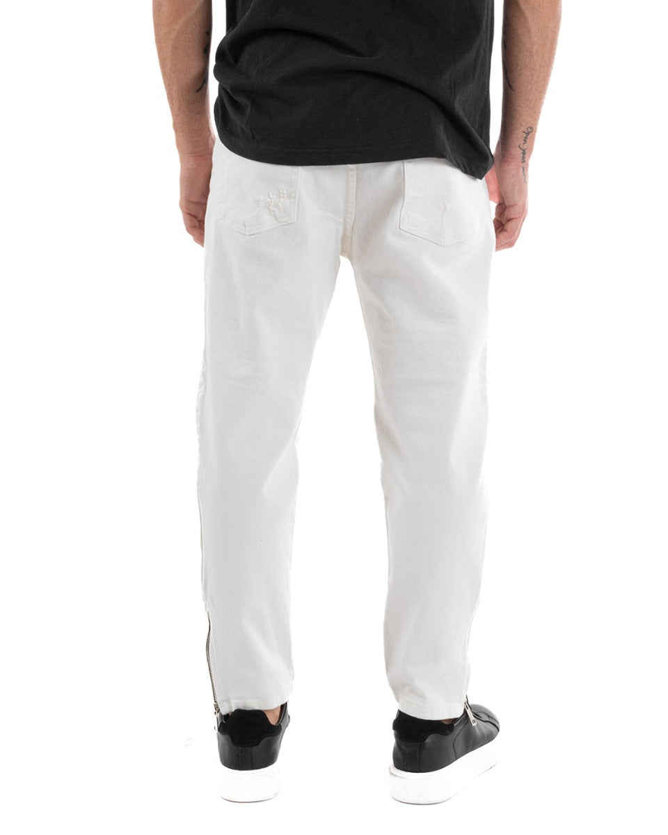 Pantaloni Jeans Uomo Regular Fit Biker Classico Cinque Tasche Con Zip E Rotture Tinta Unita Casual Bianco GIOSAL-P5563A