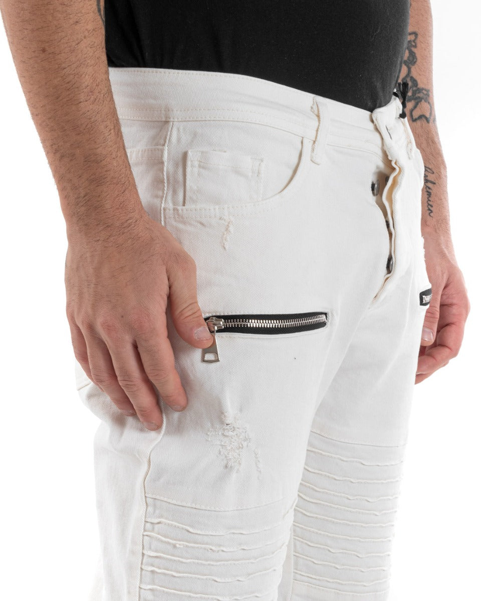 Pantaloni Jeans Uomo Regular Fit Biker Classico Cinque Tasche Con Zip E Rotture Tinta Unita Casual Bianco GIOSAL-P5563A