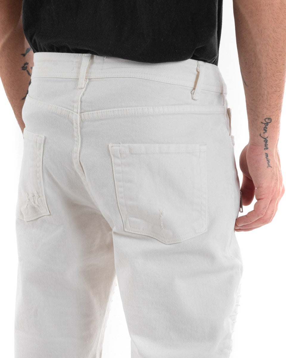 Pantaloni Jeans Uomo Regular Fit Biker Classico Cinque Tasche Con Zip E Rotture Tinta Unita Casual Bianco GIOSAL-P5563A