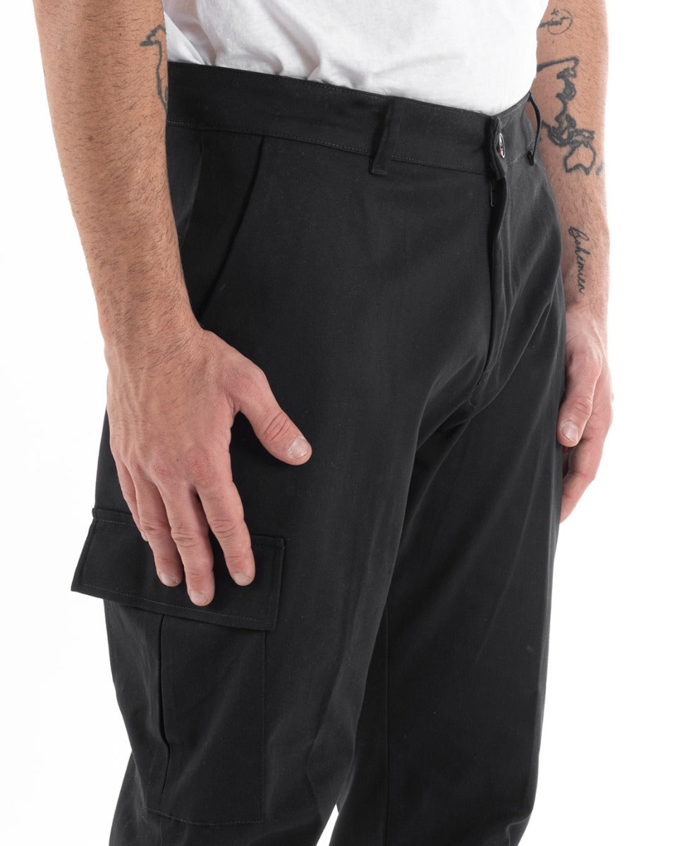 Pantaloni Uomo Cargo Cotone Tasconi Basic Tinta Unita Nero Casual GIOSAL-P5566A