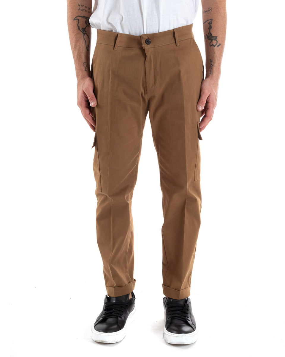 Pantaloni Uomo Cargo Cotone Tasconi Basic Tinta Unita Camel Casual GIOSAL-P5567A