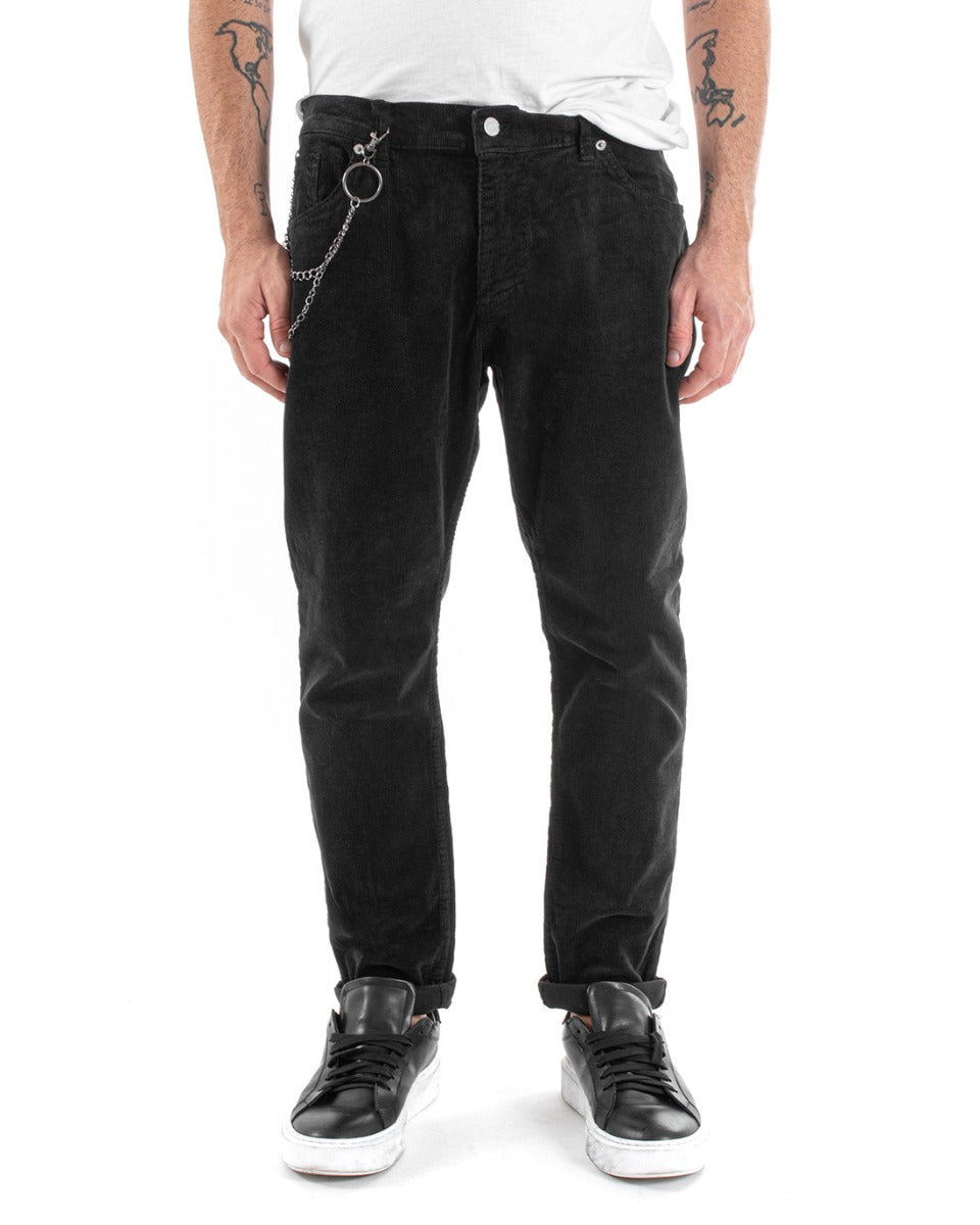 Pantaloni Uomo Cinque Tasche Velluto Millerighe Lucido Casual Nero GIOSAL-P5572A