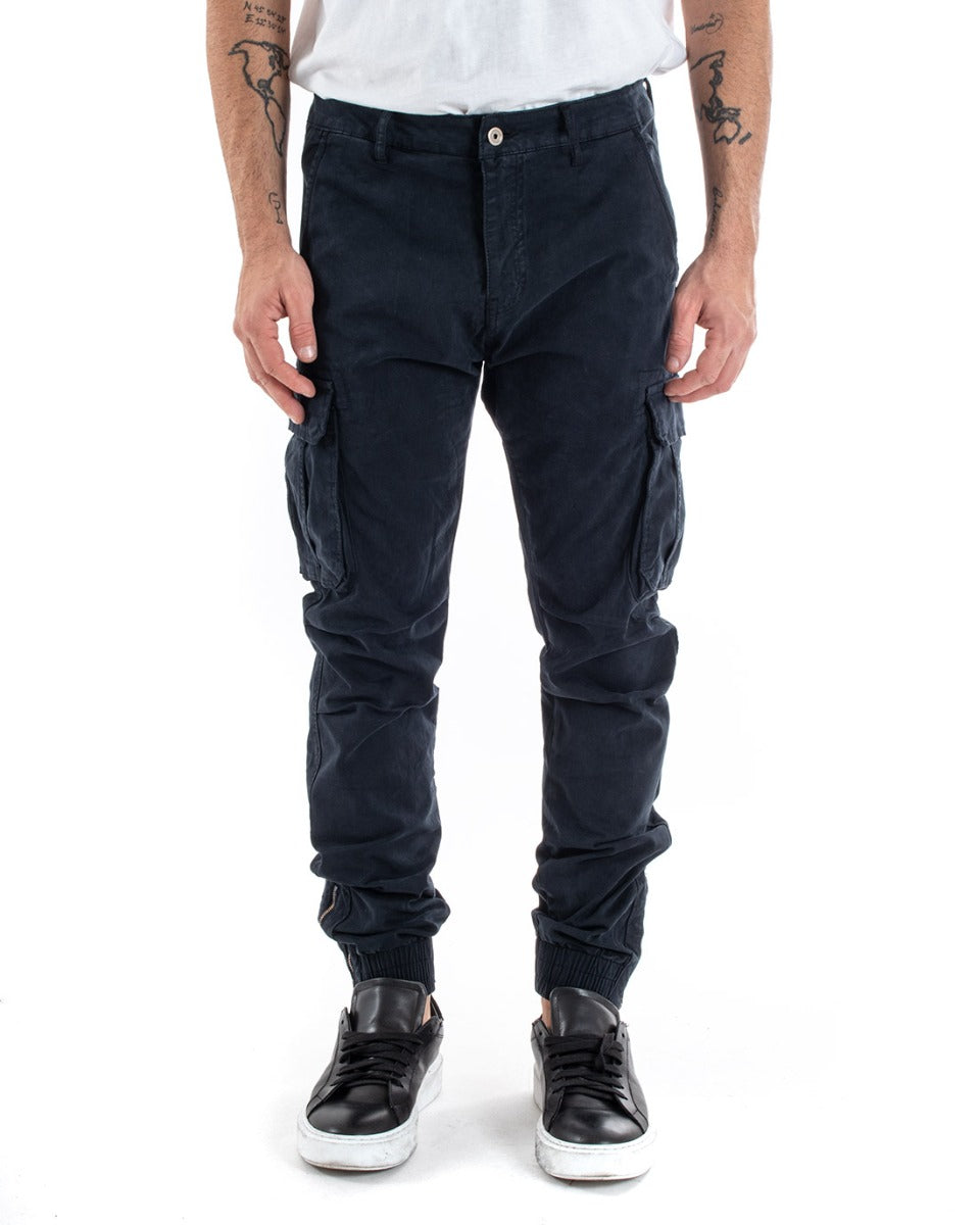 Pantaloni Uomo Cargo Con Zip Tasconi Casual Basic Blu GIOSAL-P5576A