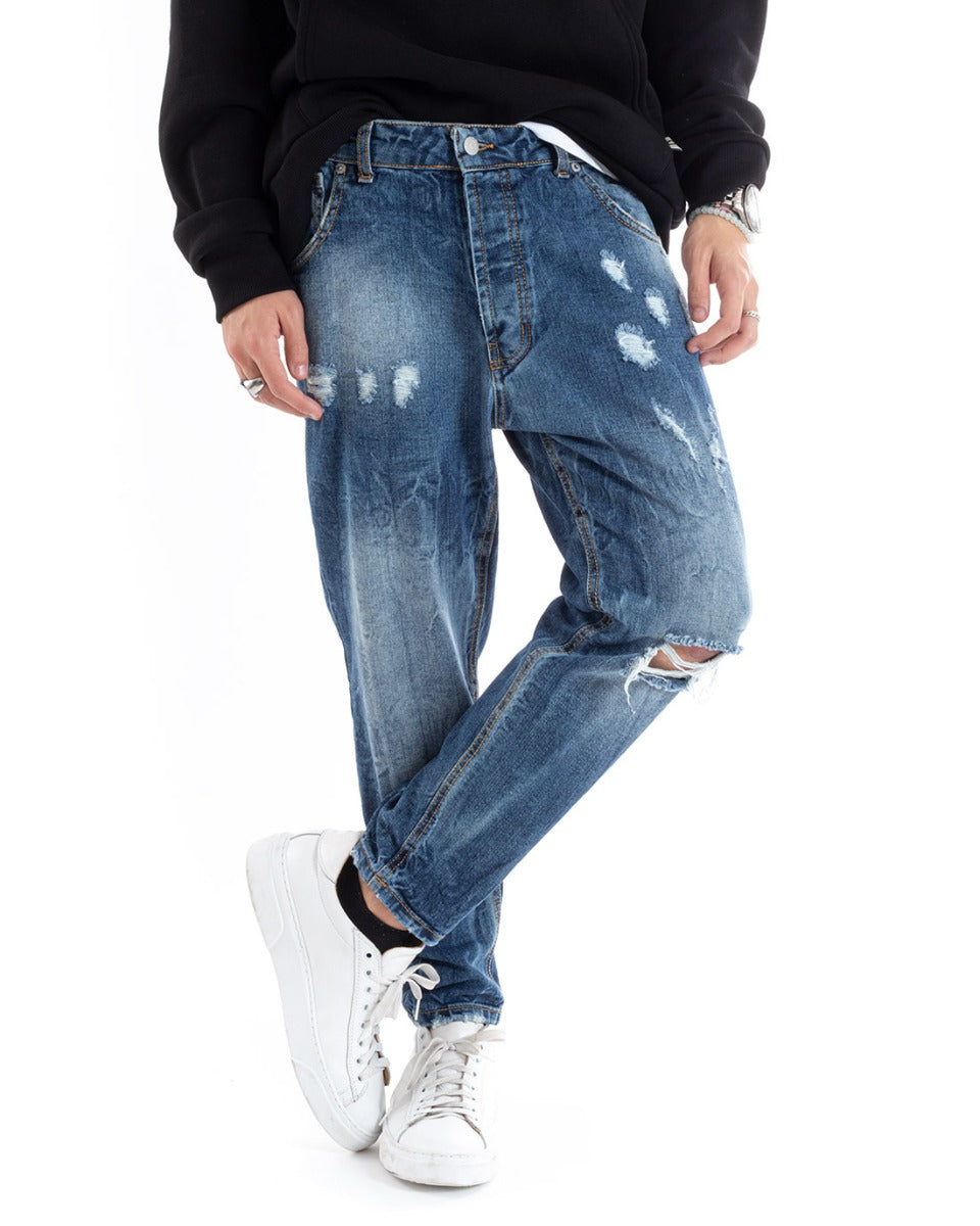 Pantaloni Jeans Uomo Loose Fit Denim Con Rotture Stone Washed Cinque Tasche Casual GIOSAL-P5590A