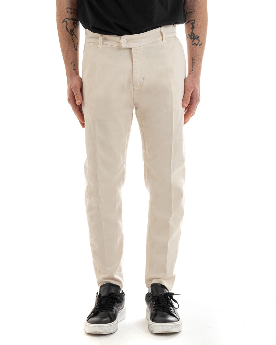 Pantaloni Jeans Uomo Regular Fit Tasca America Bottone Allungato Casual Panna GIOSAL-P5638A