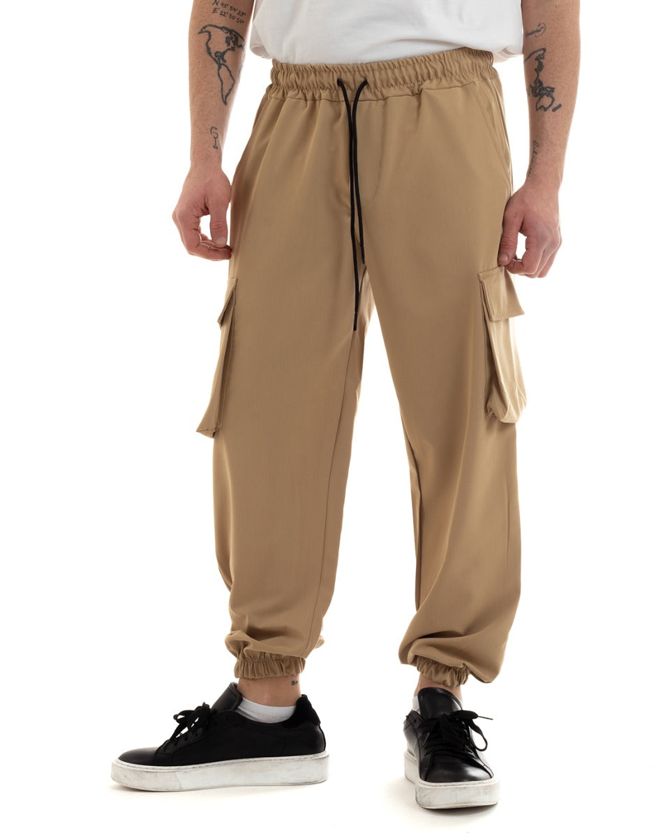 Pantaloni Uomo Lungo Cargo Tasconi Viscosa Tinta Unita Camel Elastico Alla Caviglia GIOSAL-P5651A