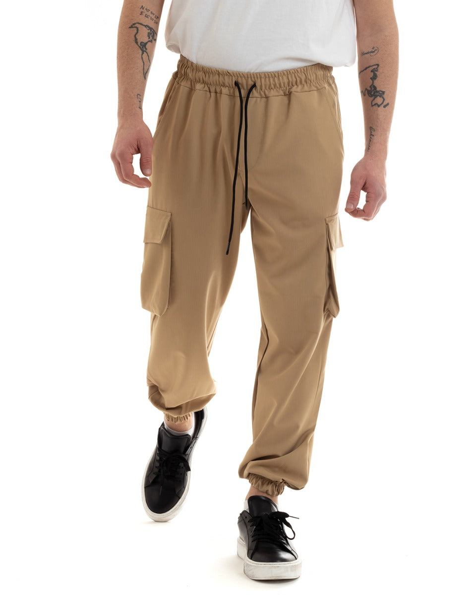 Pantaloni Uomo Lungo Cargo Tasconi Viscosa Tinta Unita Camel Elastico Alla Caviglia GIOSAL-P5651A