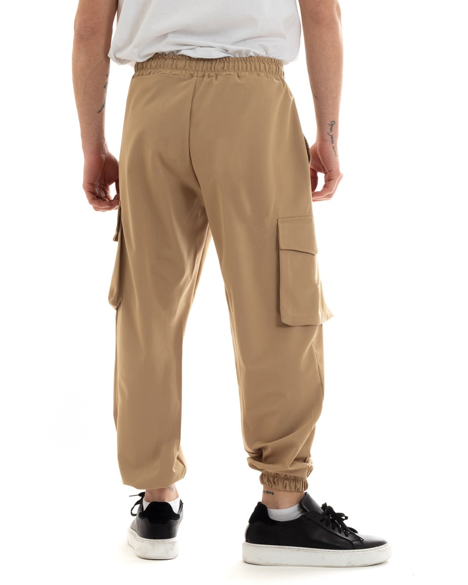 Pantaloni Uomo Lungo Cargo Tasconi Viscosa Tinta Unita Camel Elastico Alla Caviglia GIOSAL-P5651A