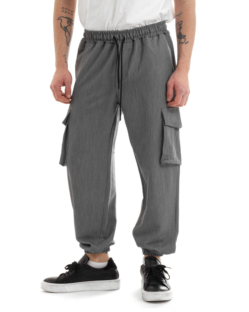 Pantaloni Uomo Lunghi Viscosa Casual Jogger Cargo Con Tasconi Con Elastico Alla Caviglia Tinta Unita Grigio GIOSAL-P5652A