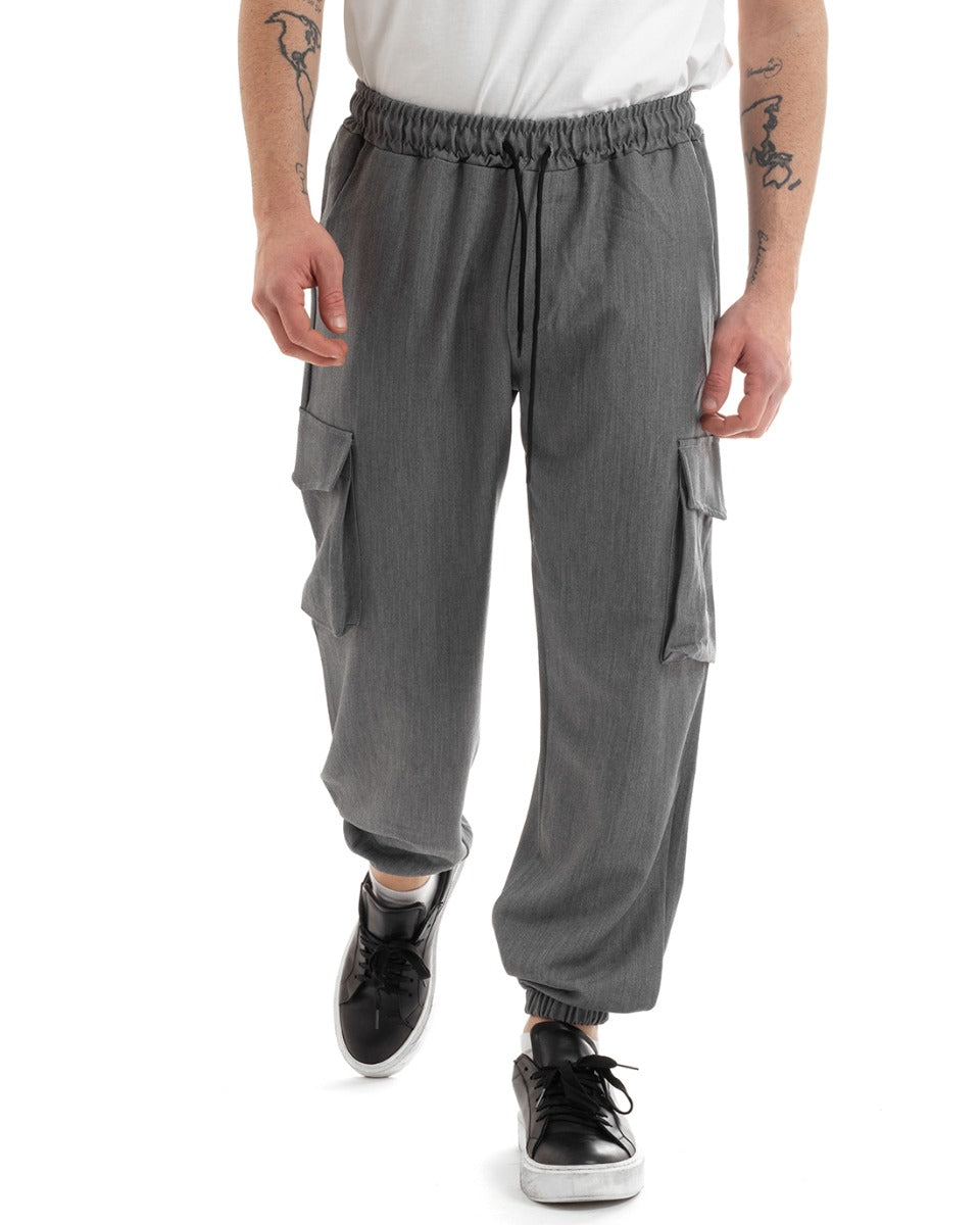 Pantaloni Uomo Lunghi Viscosa Casual Jogger Cargo Con Tasconi Con Elastico Alla Caviglia Tinta Unita Grigio GIOSAL-P5652A