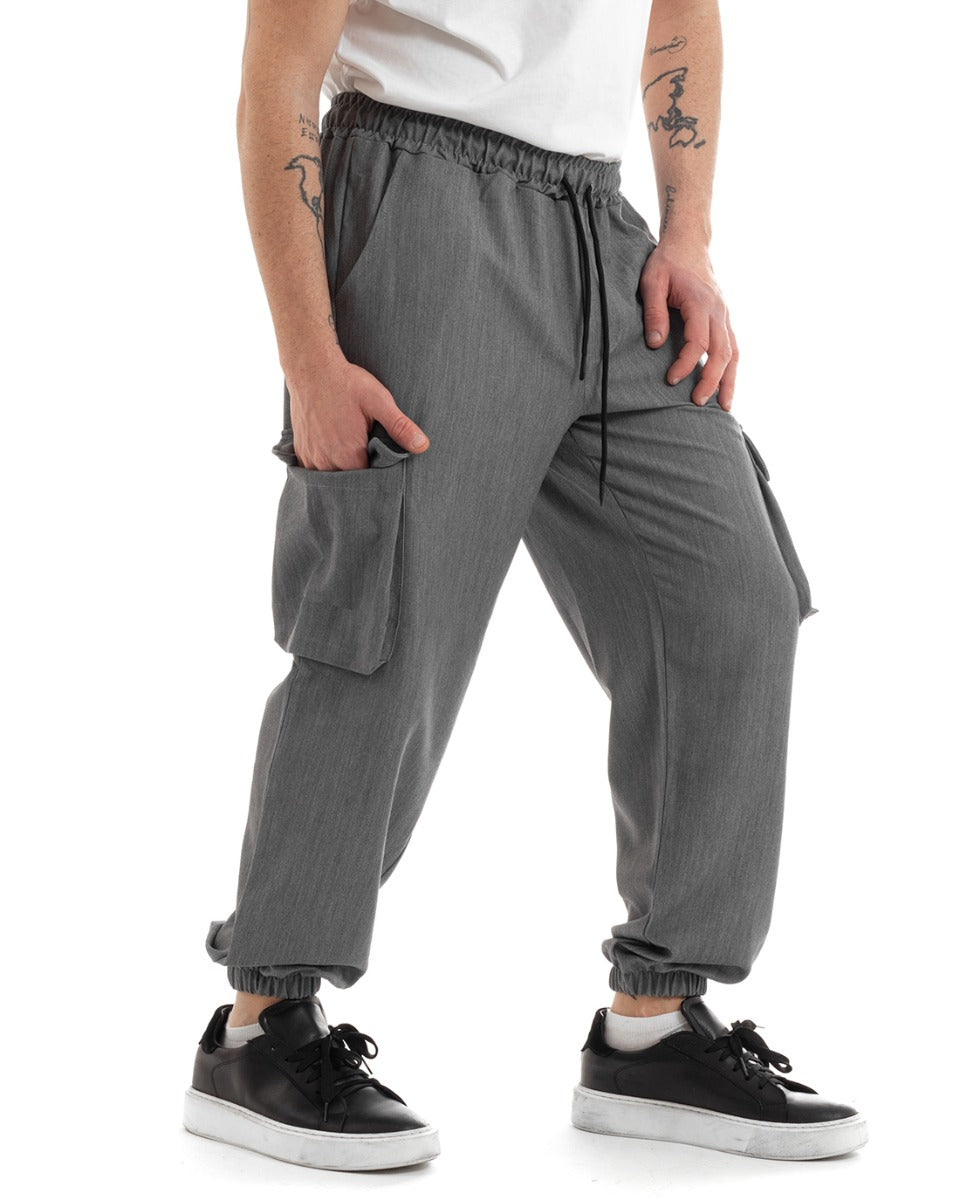 Pantaloni Uomo Lunghi Viscosa Casual Jogger Cargo Con Tasconi Con Elastico Alla Caviglia Tinta Unita Grigio GIOSAL-P5652A