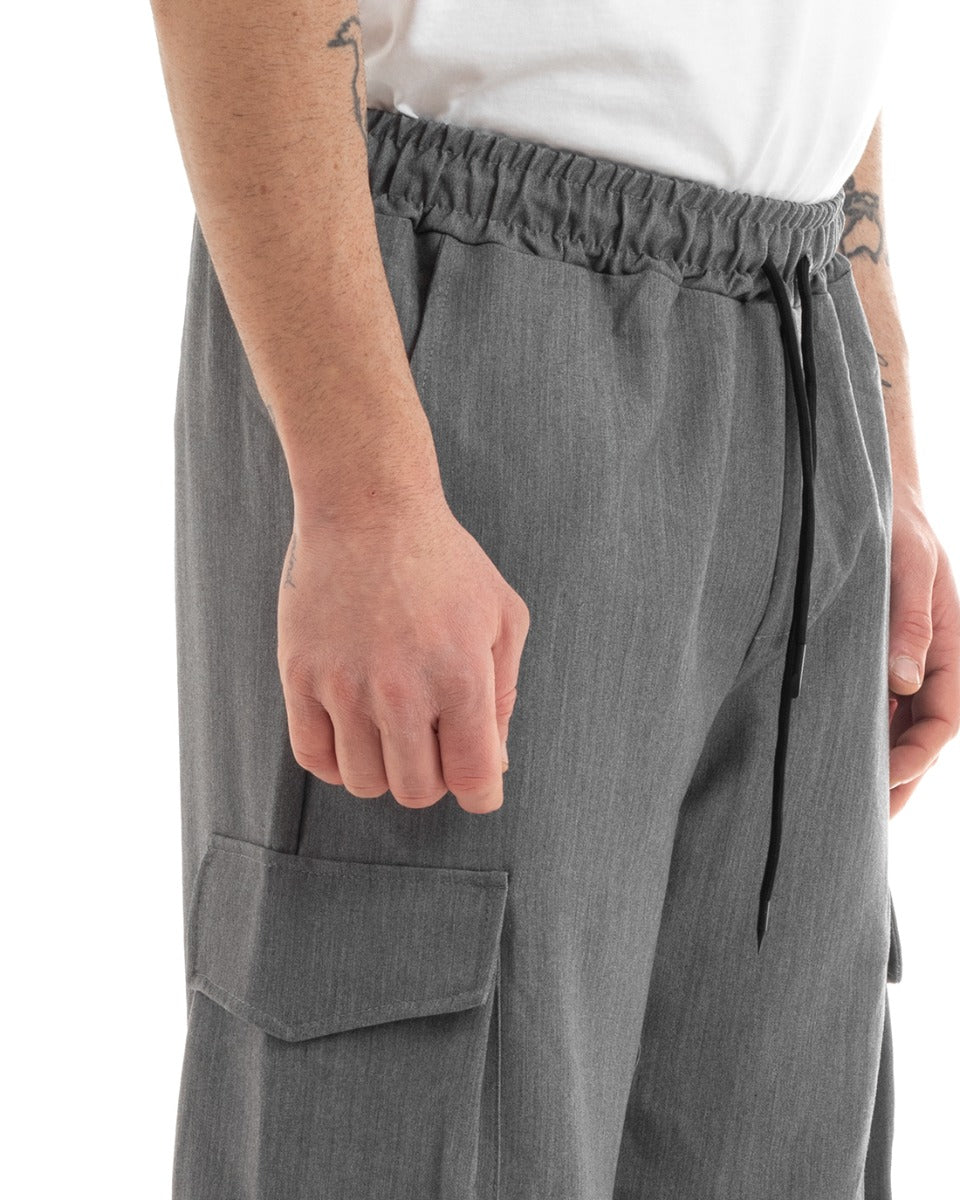 Pantaloni Uomo Lungo Cargo Tasconi Viscosa Tinta Unita Grigio Elastico Alla Caviglia GIOSAL-P5652A