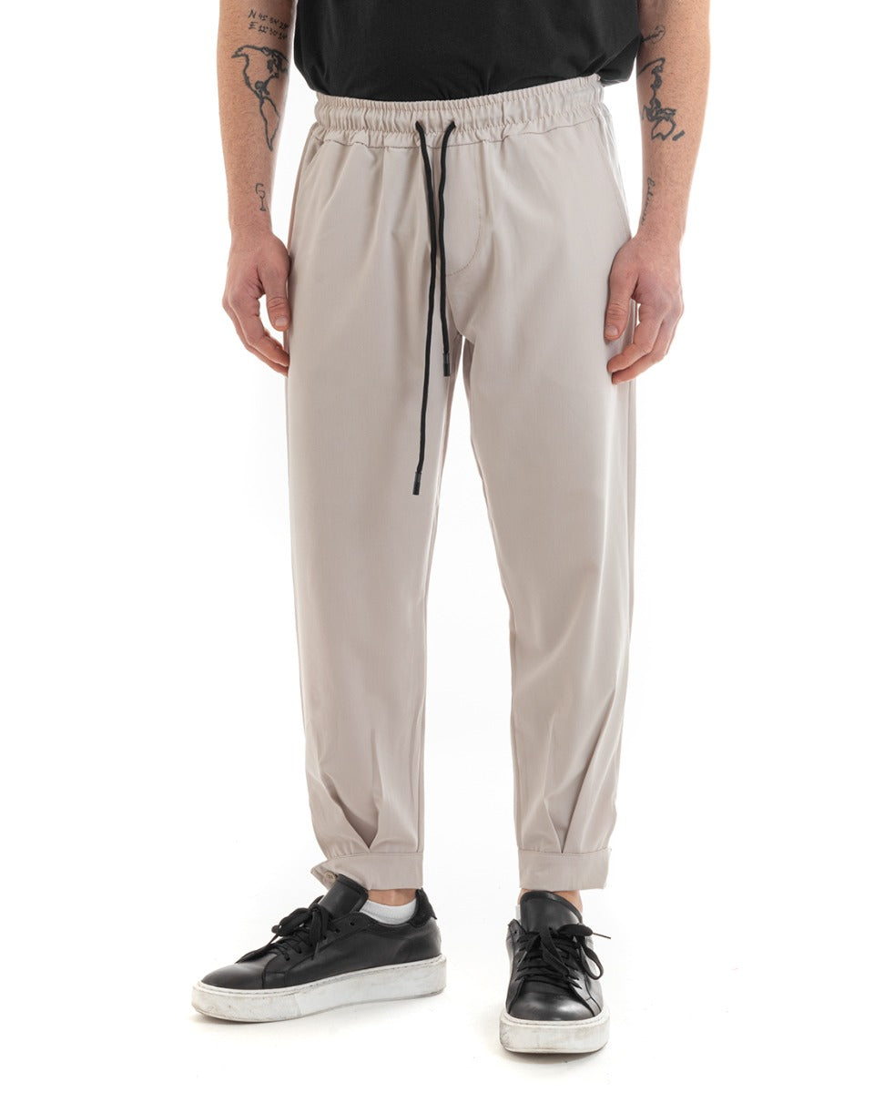Pantaloni Uomo Pantalaccio Viscosa Jogger Con Tasche America Con Elastico Casual Tinta Unita Beige GIOSAL-P5655A
