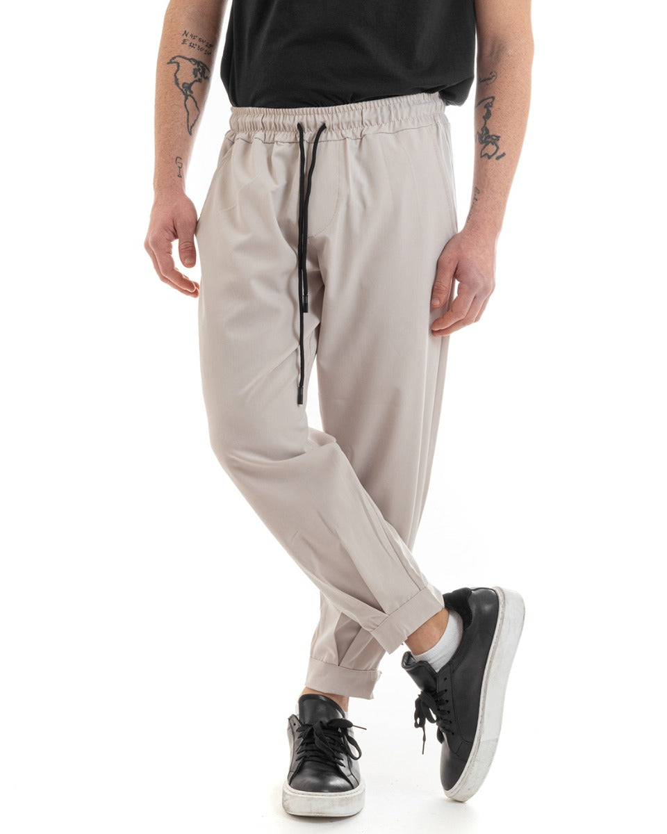 Pantaloni Uomo Pantalaccio Viscosa Jogger Con Tasche America Con Elastico Casual Tinta Unita Beige GIOSAL-P5655A