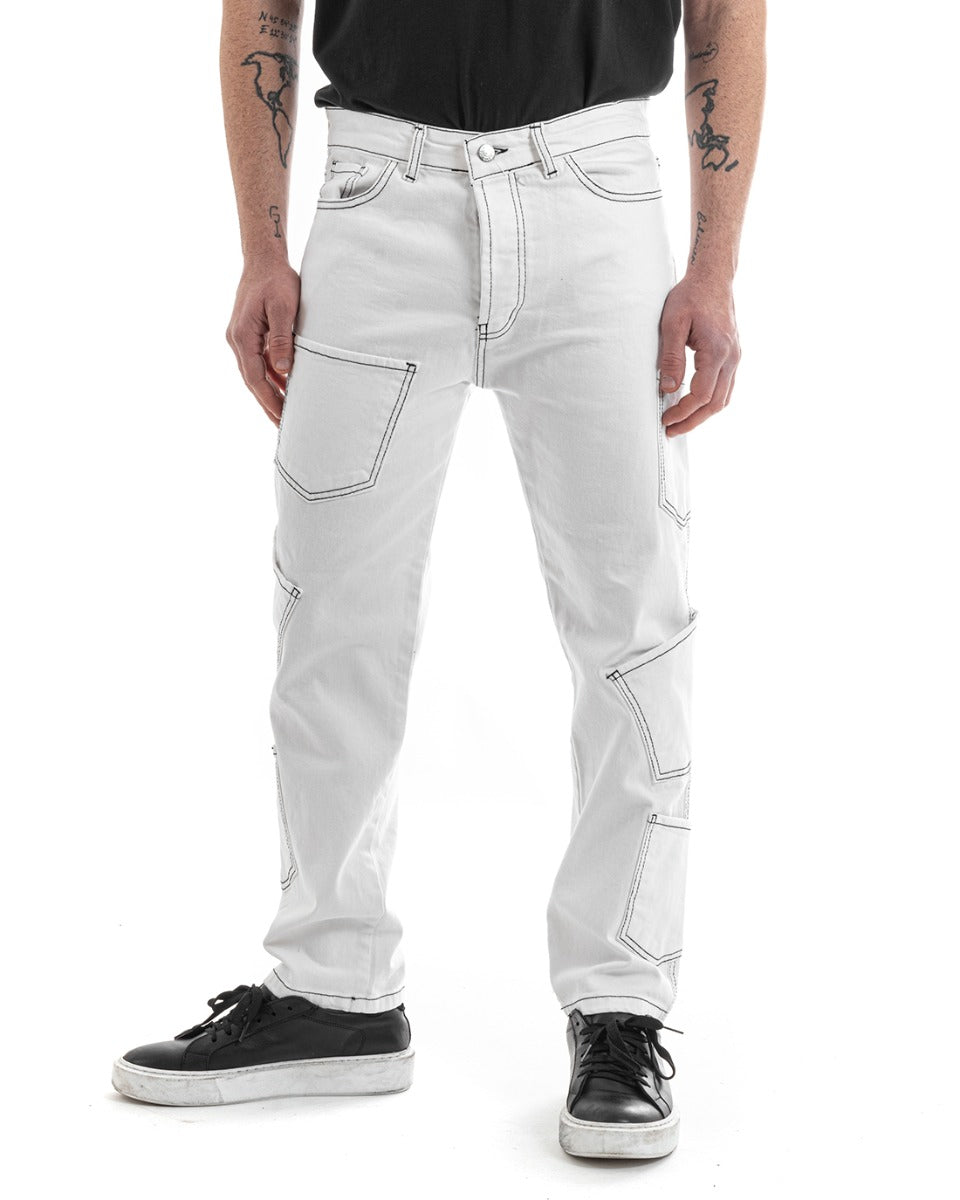 Pantaloni Uomo Lungo Cargo Jeans Bianco Tasche Straight Fit GIOSAL-P5661A