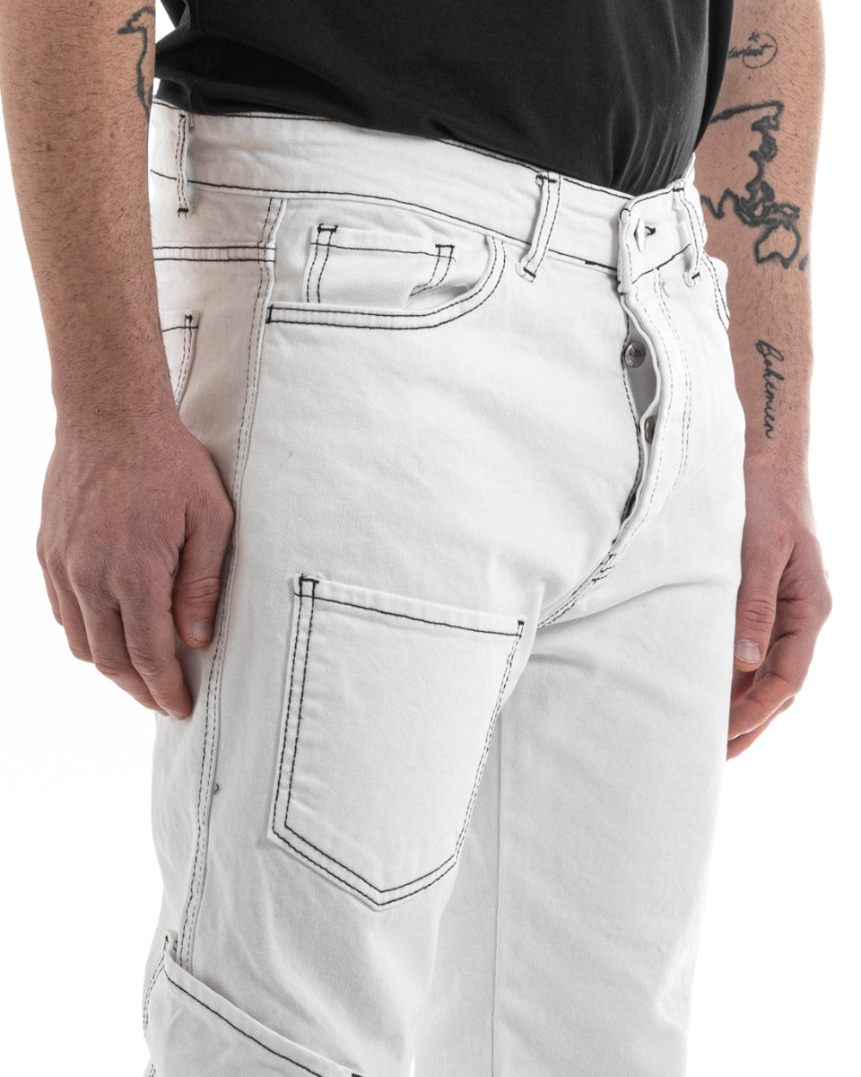 Pantaloni Uomo Lungo Cargo Jeans Bianco Tasche Straight Fit GIOSAL-P5661A