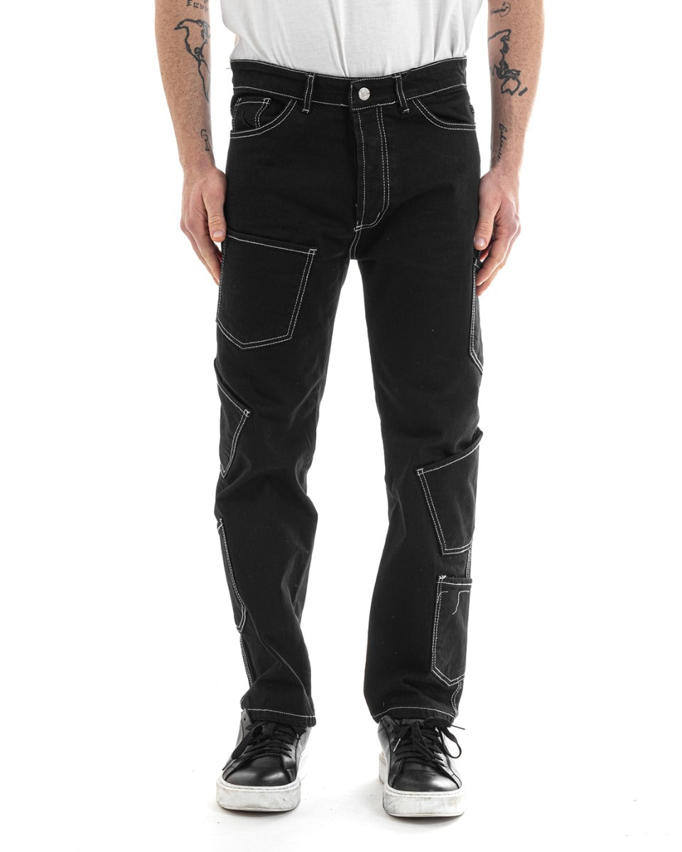 Pantaloni Uomo Lungo Cargo Jeans Nero Tasche Straight Fit GIOSAL-P5662A