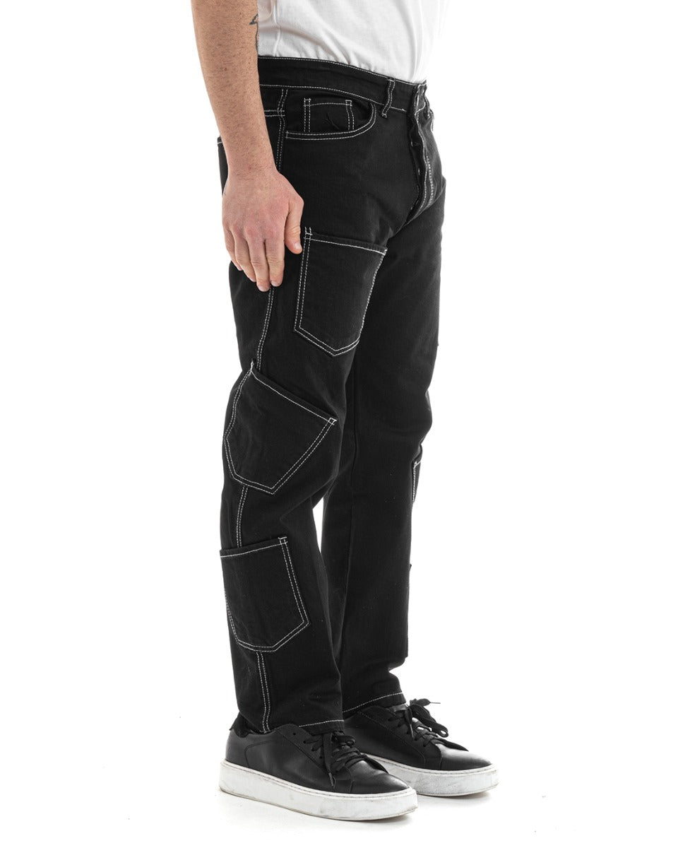 Pantaloni Uomo Lungo Cargo Jeans Nero Tasche Straight Fit GIOSAL-P5662A