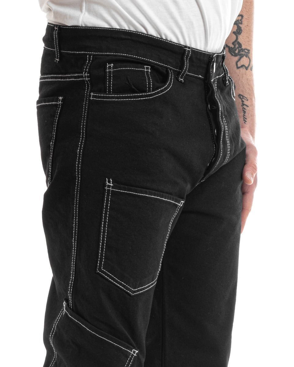 Pantaloni Uomo Lungo Cargo Jeans Nero Tasche Straight Fit GIOSAL-P5662A