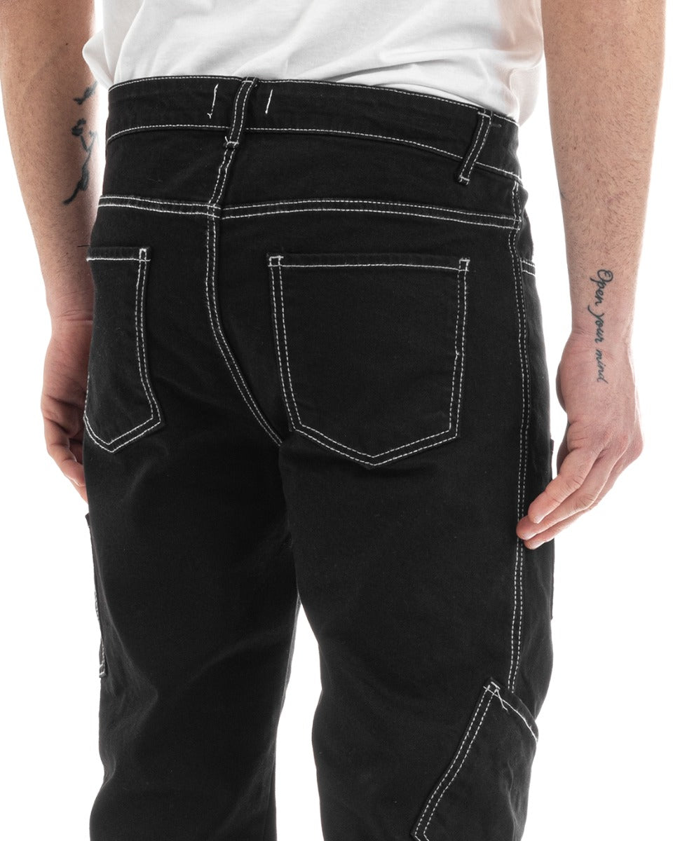 Pantaloni Uomo Lungo Cargo Jeans Nero Tasche Straight Fit GIOSAL-P5662A