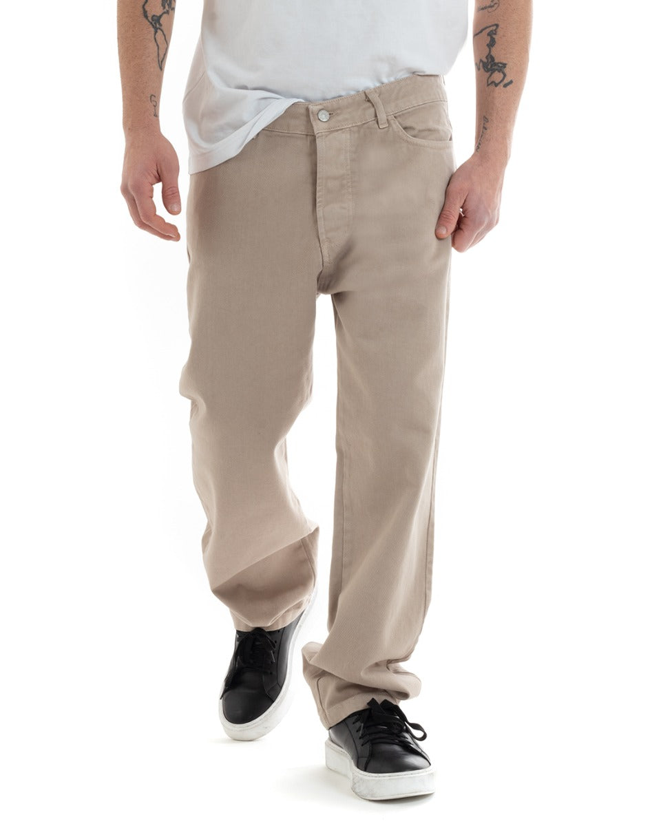 Pantaloni Uomo Lungo Jeans Tinta Unita Cinque Tasche Beige Straight Fit GIOSAL-P5666A