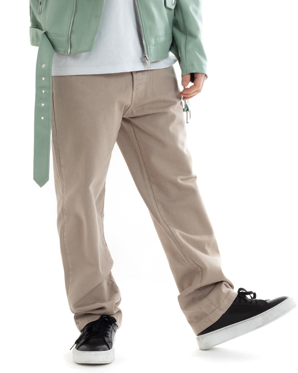 Pantaloni Uomo Lungo Jeans Tinta Unita Cinque Tasche Beige Straight Fit GIOSAL-P5666A