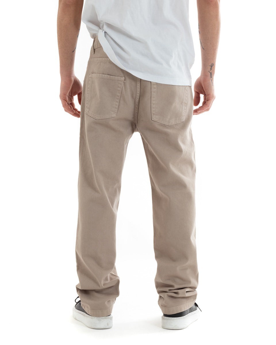 Pantaloni Uomo Lungo Jeans Tinta Unita Cinque Tasche Beige Straight Fit GIOSAL-P5666A