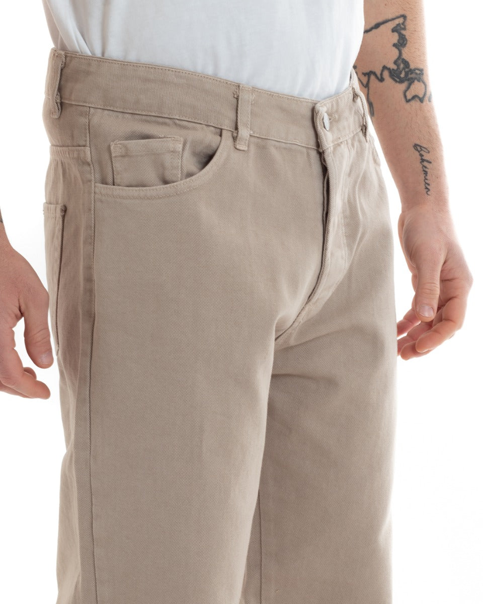 Pantaloni Uomo Lungo Jeans Tinta Unita Cinque Tasche Beige Straight Fit GIOSAL-P5666A