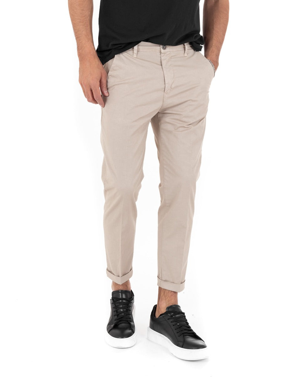 Pantaloni Uomo Cotone Tasca America Chinos Capri Sartoriale Slim Fit Casual Beige GIOSAL-P5693A