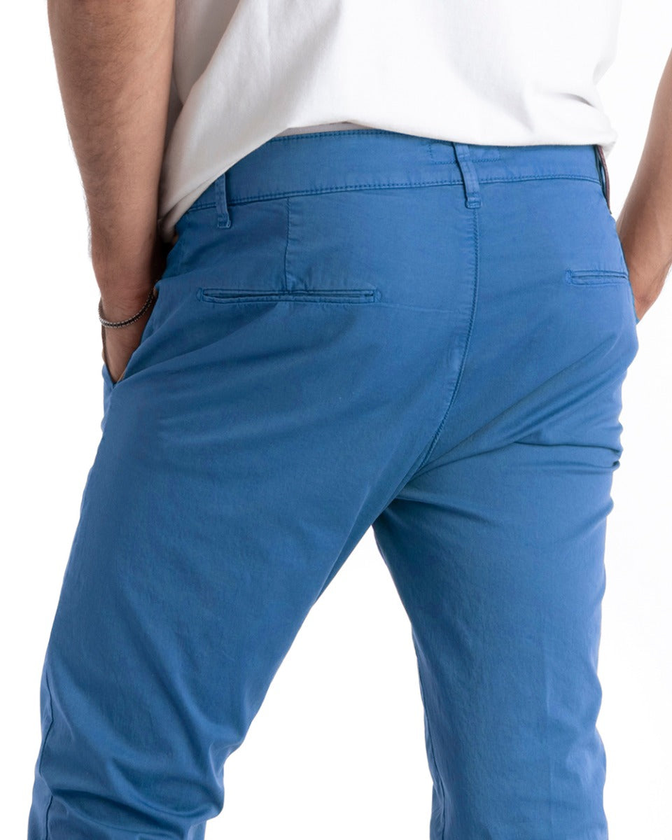 Pantaloni Uomo Cotone Tasca America Chinos Sartoriale Slim Fit Casual Azzurro GIOSAL-P5697A