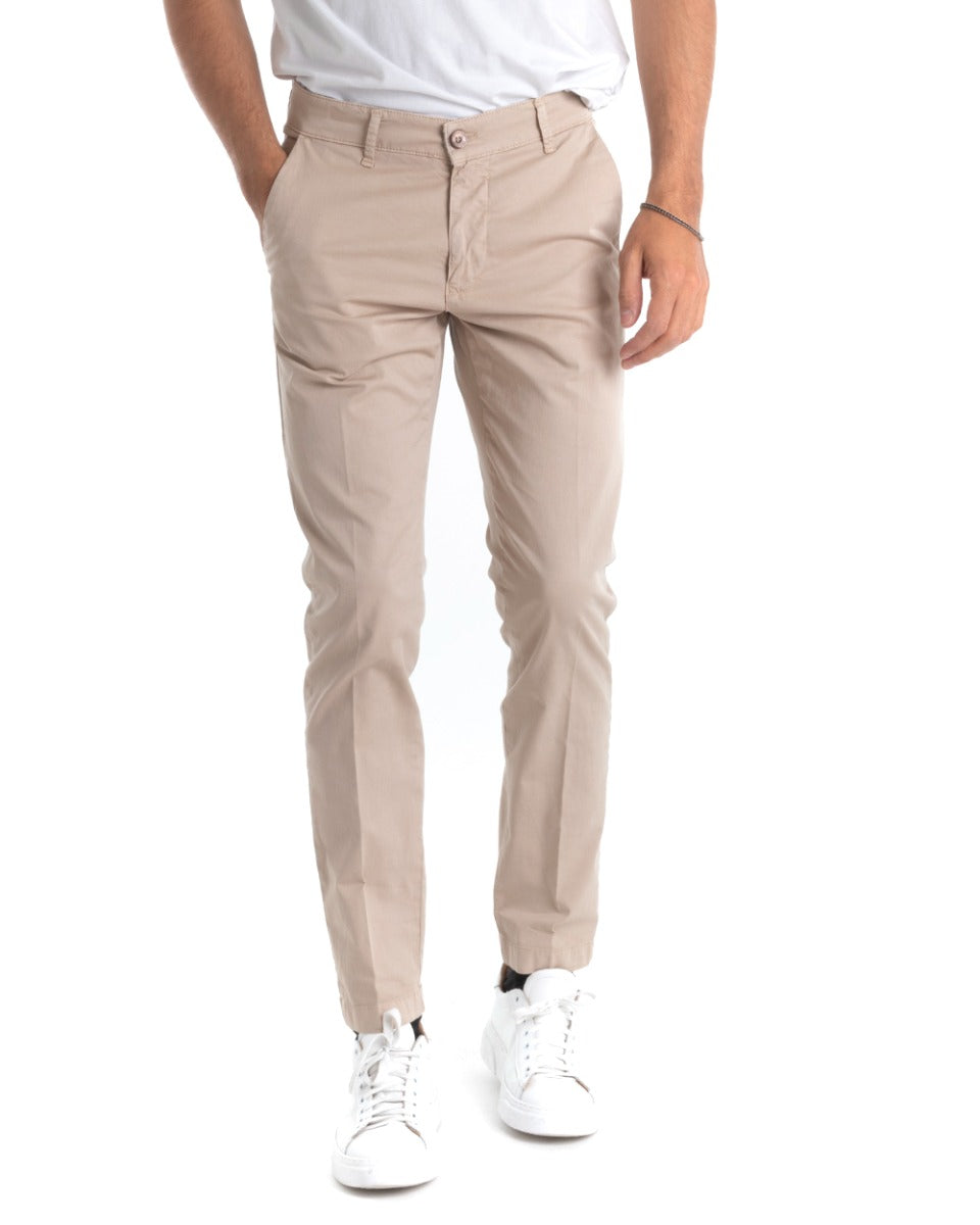 Pantaloni Uomo Cotone Con Tasca America Chinos Sartoriale Slim Fit Casual Beige GIOSAL-P5701A