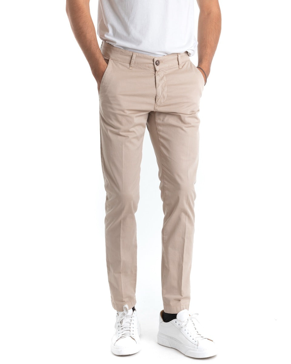 Pantaloni Uomo Cotone Con Tasca America Chinos Sartoriale Slim Fit Casual Beige GIOSAL-P5701A