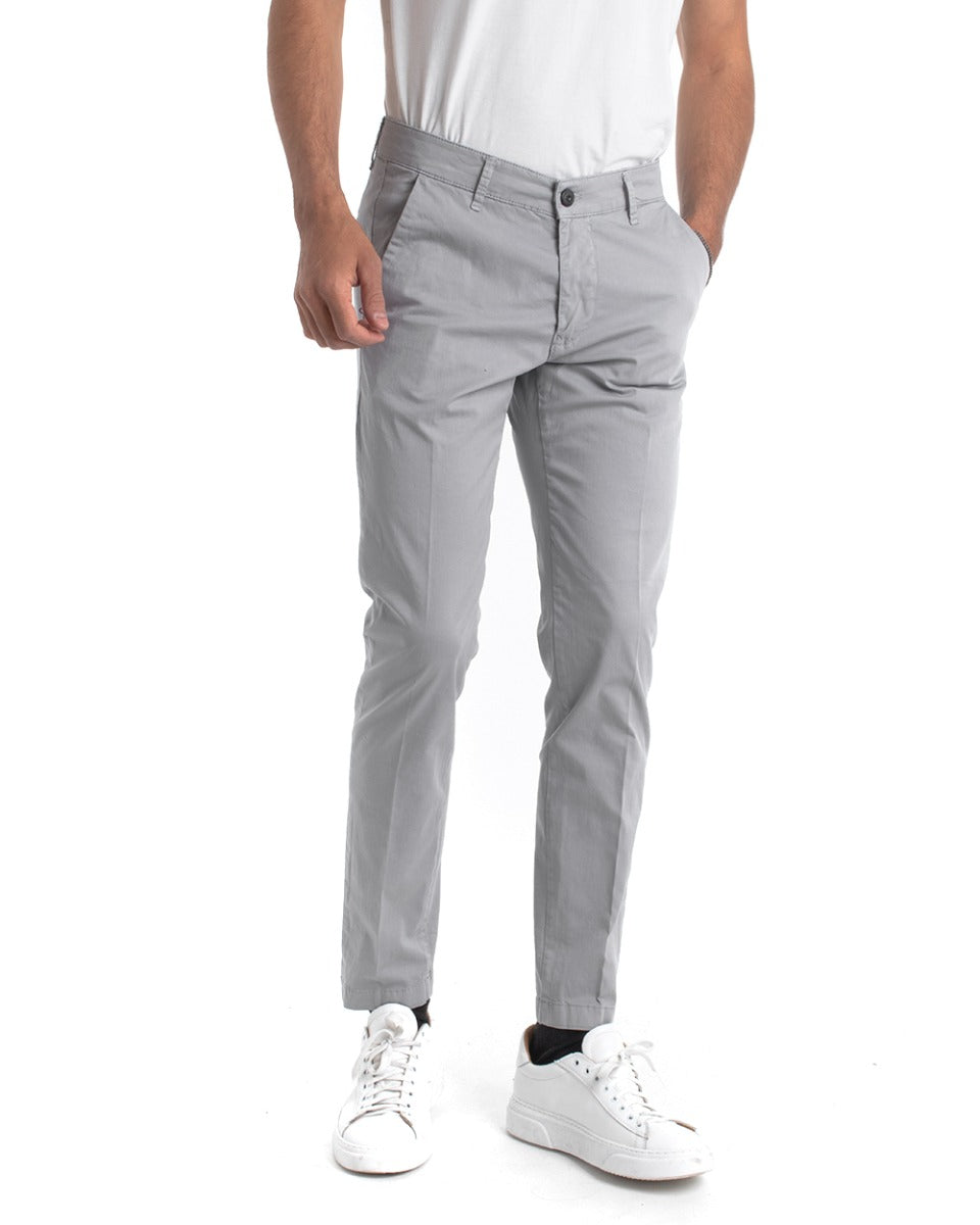 Pantaloni Uomo Cotone Con Tasca America Chinos Sartoriale Slim Fit Casual Grigio Chiaro GIOSAL-P5703A