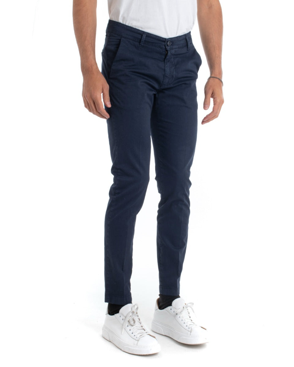 Pantaloni Uomo Cotone Tasca America Chinos Sartoriale Slim Fit Casual Blu GIOSAL-P5704A