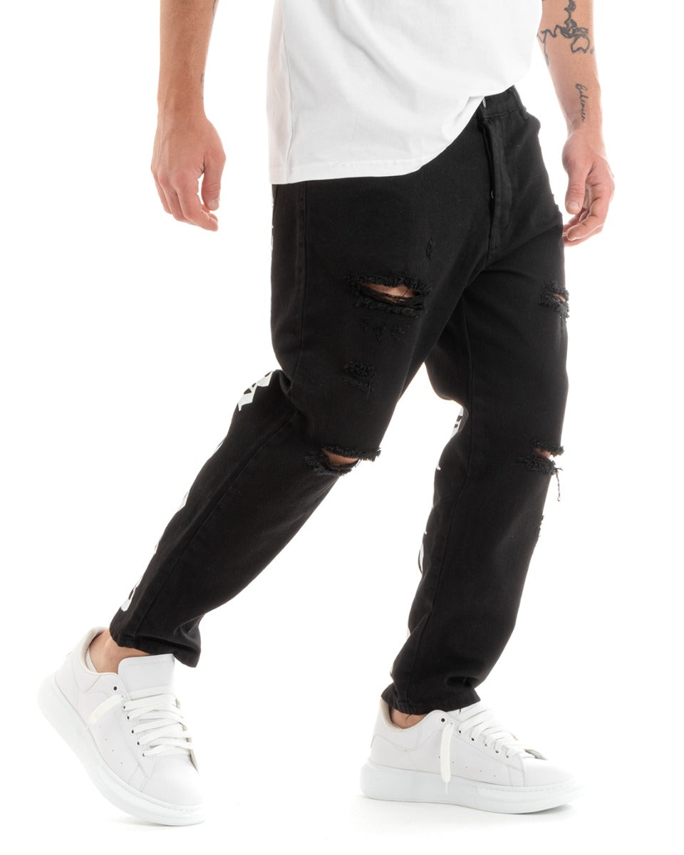 Pantaloni Jeans Nero Uomo Loose Fit Cinque Tasche Con Stampa GIOSAL-P5706A
