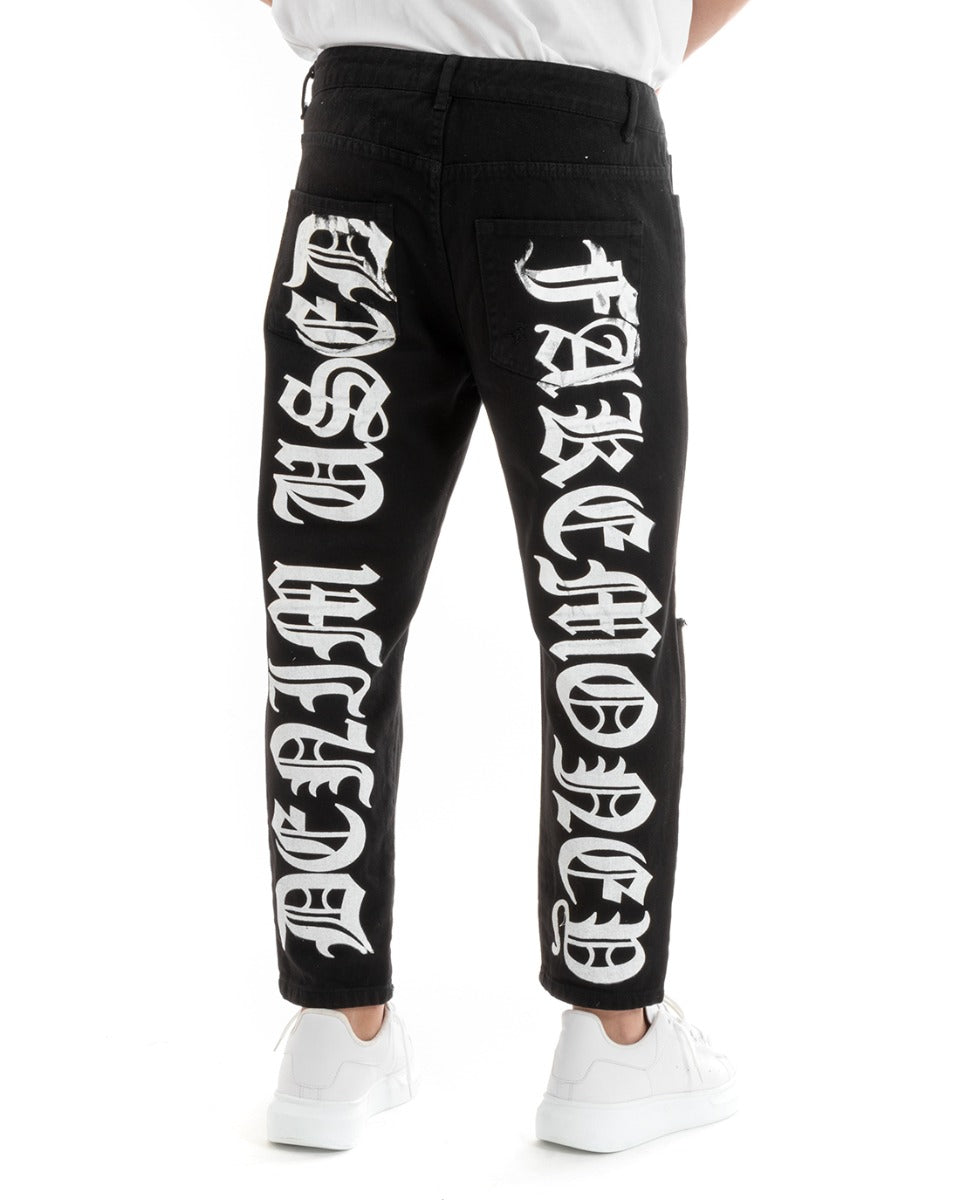 Pantaloni Jeans Nero Uomo Loose Fit Cinque Tasche Con Stampa GIOSAL-P5706A
