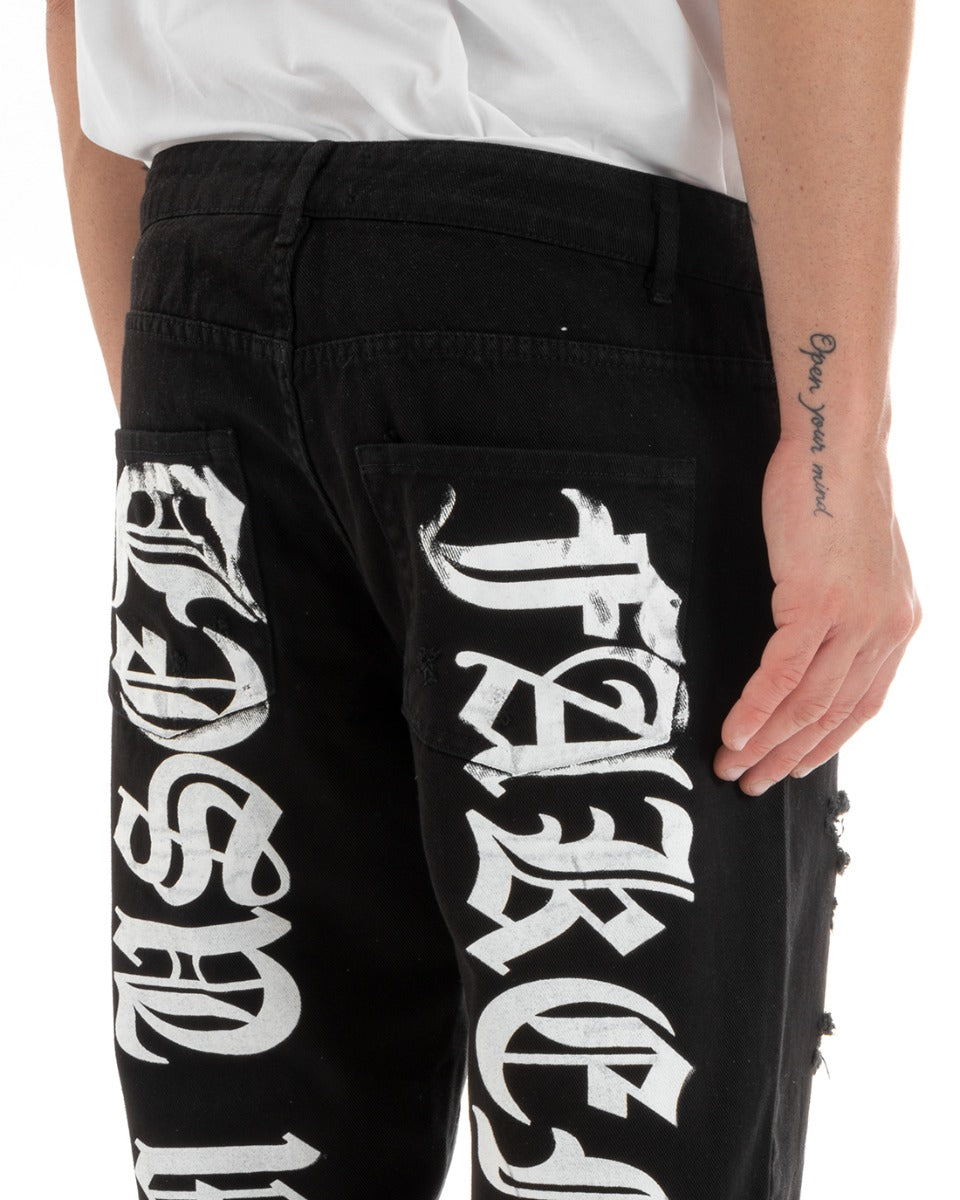 Pantaloni Jeans Nero Uomo Loose Fit Cinque Tasche Con Stampa GIOSAL-P5706A