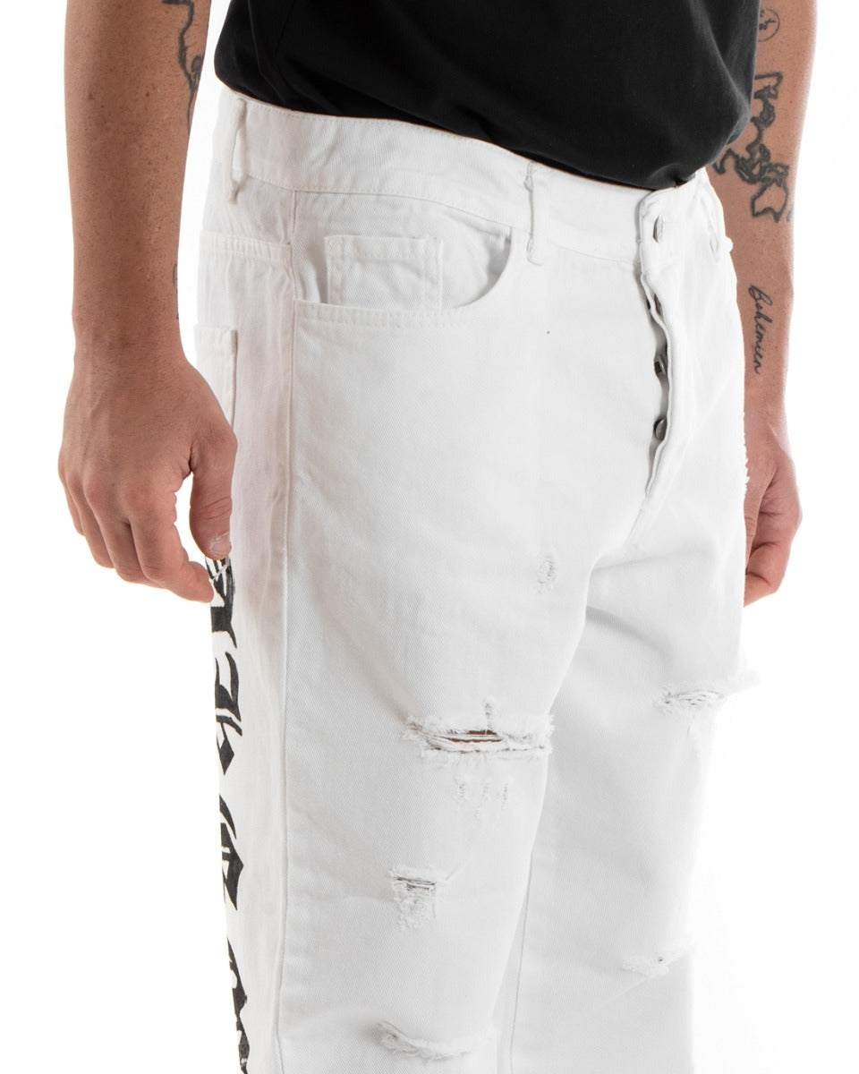 Pantaloni Jeans Bianco Uomo Loose Fit Cinque Tasche Con Stampa GIOSAL-P5707A