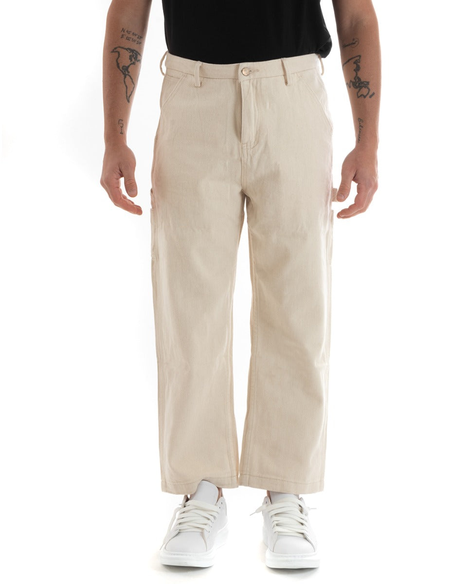 Pantaloni Jeans Uomo Wide Leg Basic Cargo Cinque Tasche Casual Panna GIOSAL-P5728A