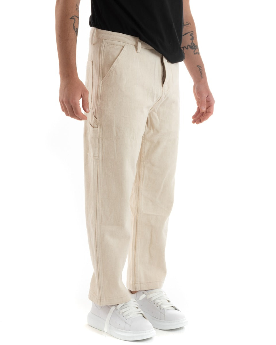 Pantaloni Jeans Uomo Wide Leg Basic Cargo Cinque Tasche Casual Panna GIOSAL-P5728A