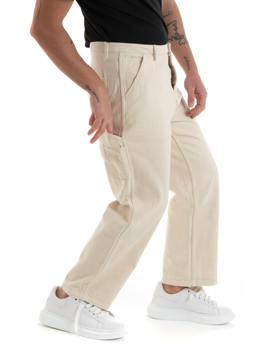 Pantaloni Jeans Uomo Wide Leg Basic Cargo Cinque Tasche Casual Panna GIOSAL-P5728A