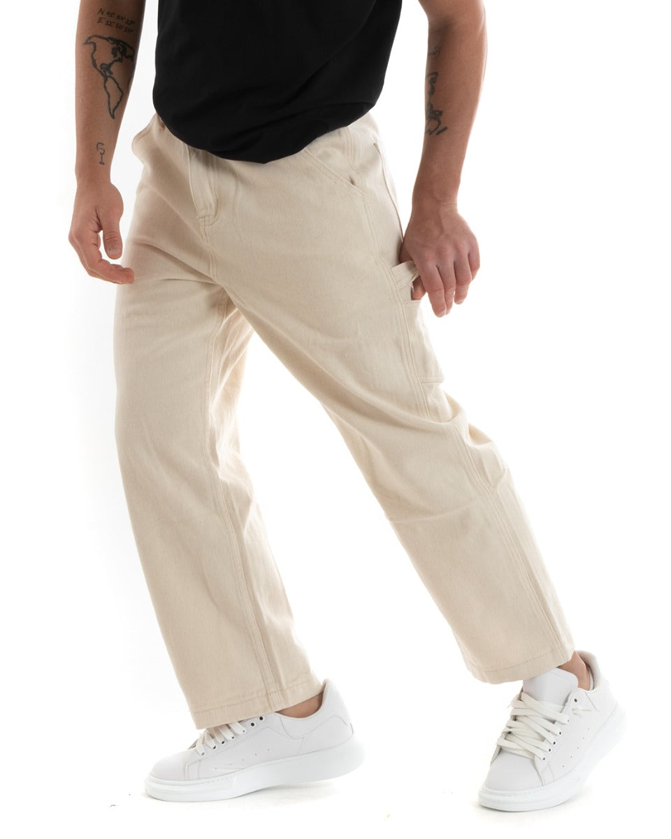 Pantaloni Jeans Uomo Wide Leg Basic Cargo Cinque Tasche Casual Panna GIOSAL-P5728A
