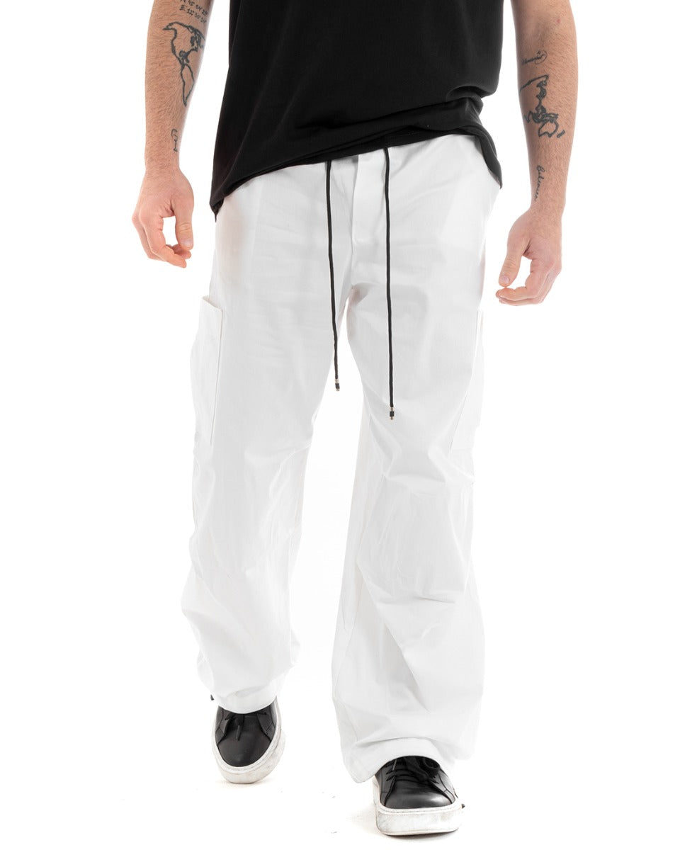 Pantaloni Uomo Parachute Elastico Coulisse Bianco Tinta Unita Oversize GIOSAL-P5746A