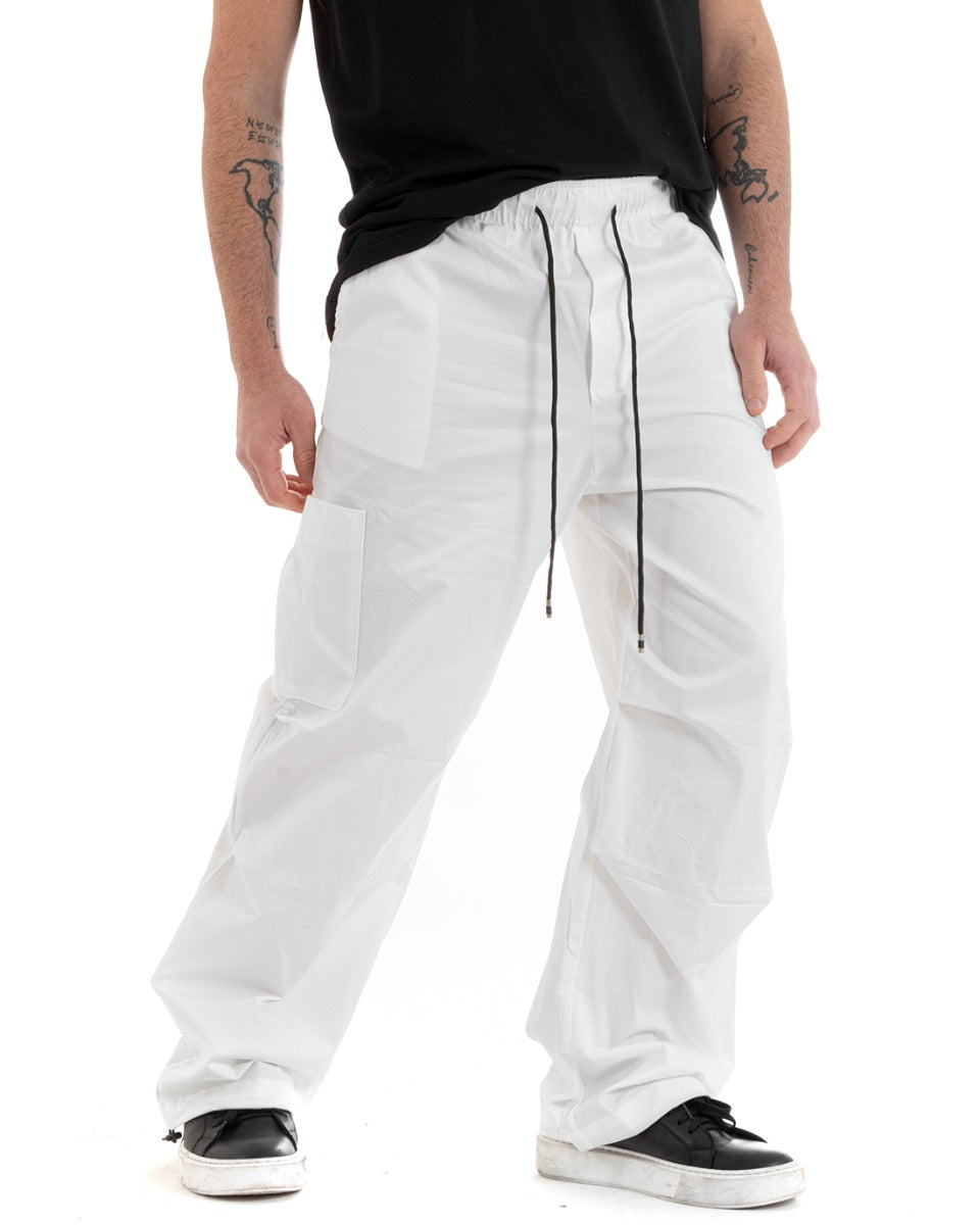 Pantaloni Uomo Parachute Elastico Coulisse Bianco Tinta Unita Oversize GIOSAL-P5746A